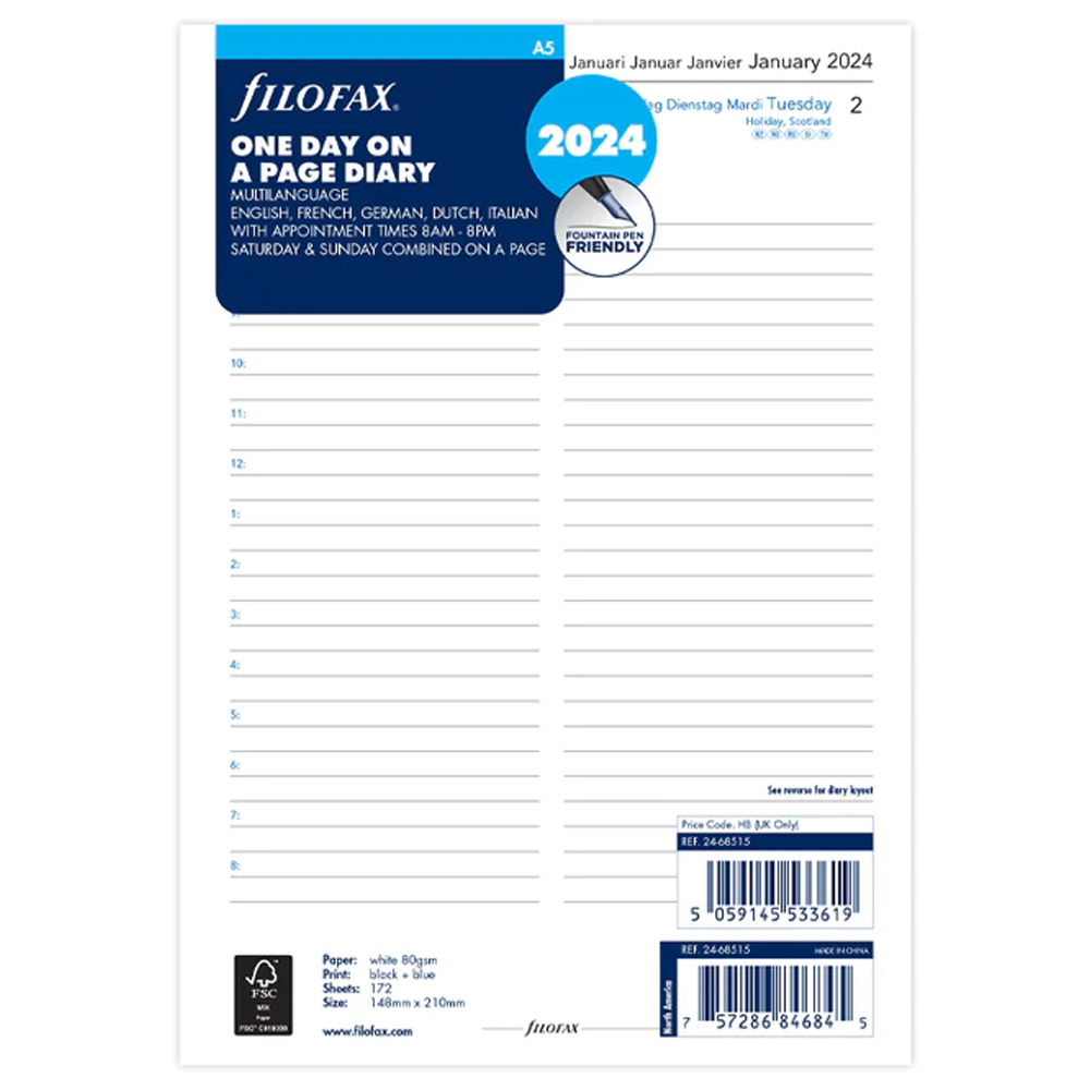 Filofax 2024 Multilanguage Page Per Day with Appointments